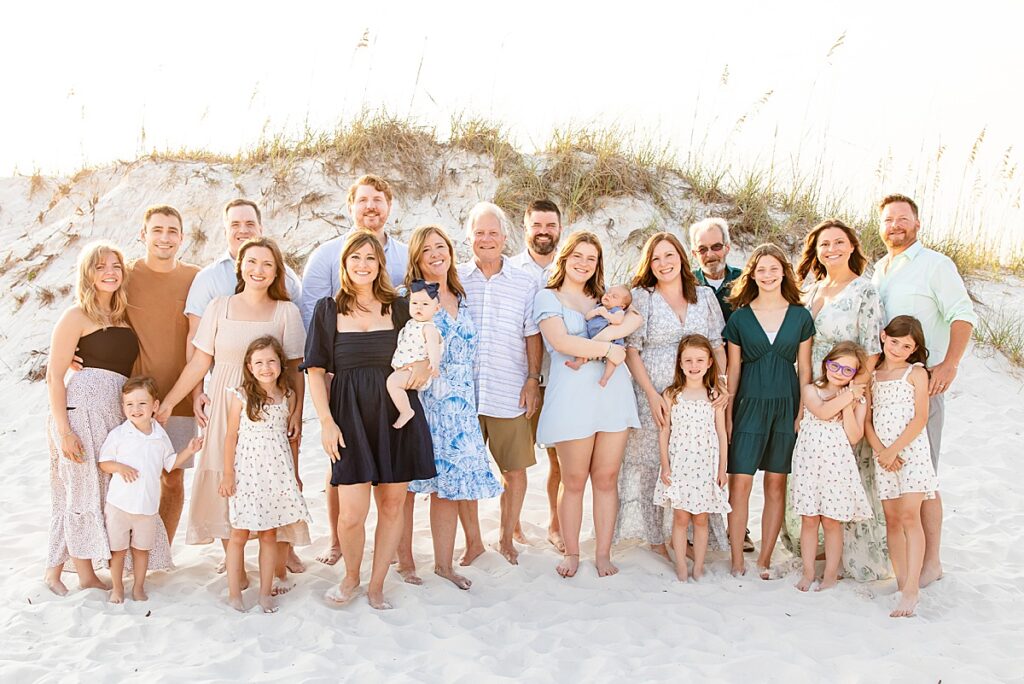 extended family photo with the whole family on Pensacola Beach during extended family session
