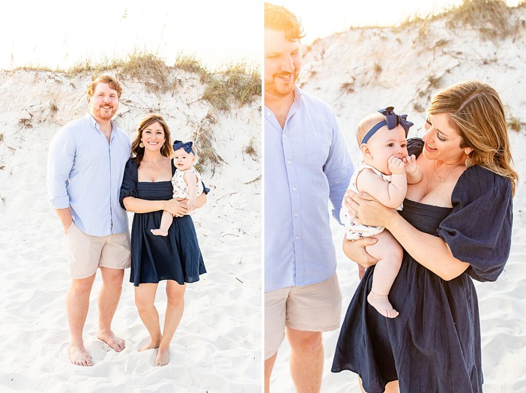 family photo of a couple with their baby on pensacola beach during extended family session