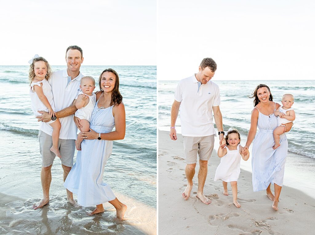 Young family with little kids walking on the beach in Gulf Shores, Alabama